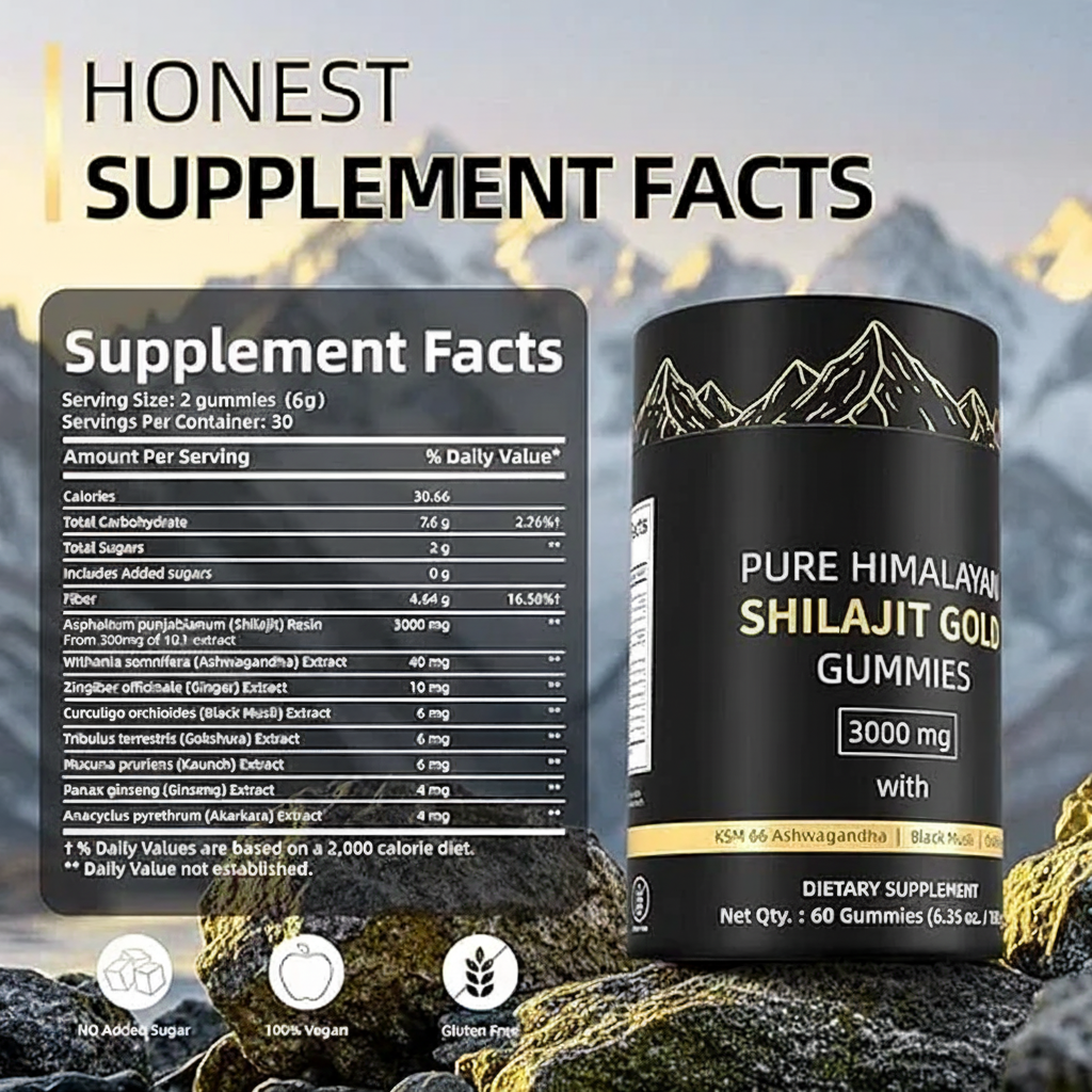 Shilajit Gummies: Pure Shilajit Himalayan Rich in Ashwagandha Gaulshura Fulvic Acid 85 Micronutrients Suitable for Men and Women No Added Sugar Non-GMO 100% Natural Organic 60 Gummies