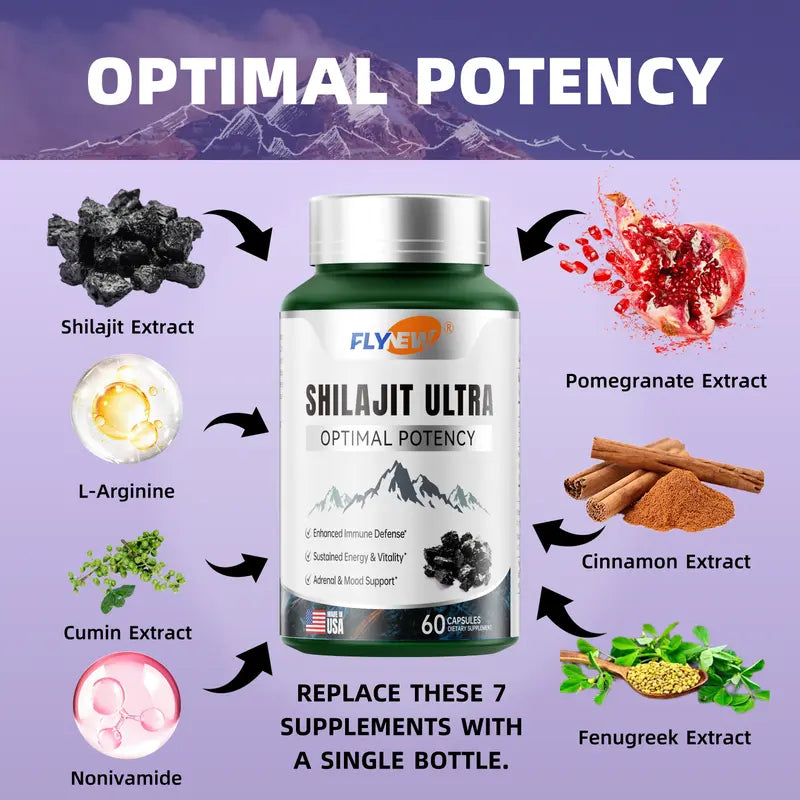 FLYNEW Optimal Potency | Shilajit Ultra | Adaptogen Energy Stamina Immune Antioxidants | Made in USA | 60 Capsules