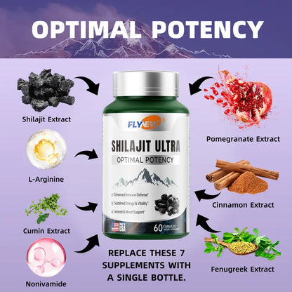 FLYNEW Optimal Potency | Shilajit Ultra | Adaptogen Energy Stamina Immune Antioxidants | Made in USA | 60 Capsules