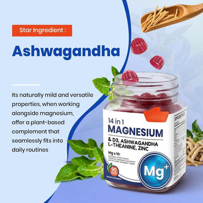 Arrivalla Magnesium Complex DeepCalm 14-in-1 Gummies – with Ashwagandha, L-Theanine, D3 & Zinc – Cortisol Supplements for Women – 90 Sugar-Free Vegan Magnesium Glycinate Complex Gummies