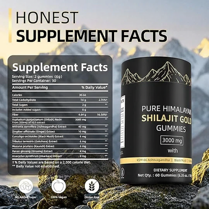 Shilajit Gummies: Pure Shilajit Himalayan Rich in Ashwagandha Gaulshura Fulvic Acid 85 Micronutrients Suitable for Men and Women No Added Sugar Non-GMO 100% Natural Organic 60 Gummies